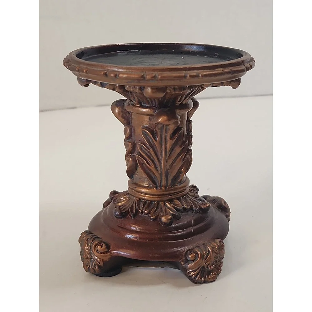 Vtg '03 Goldtone Baroque Pillar Candle Holder Pedestals Staggered Set of 2 Resin